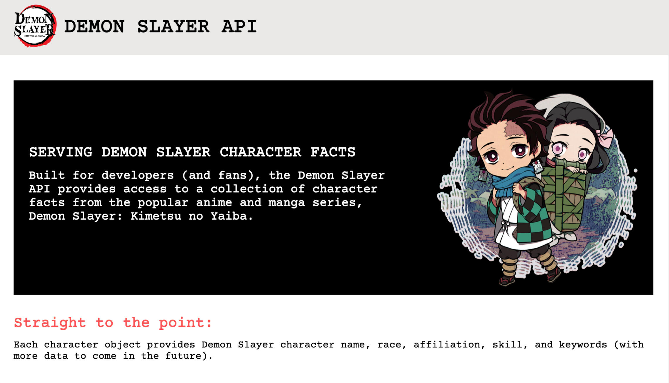 Demon Slayer API demo homepage