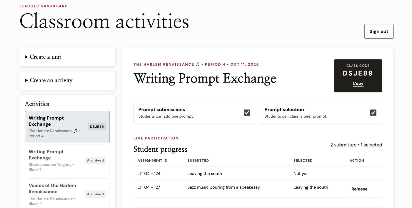 Teacher dashboard showing a Writing Prompt Exchange activity for a Harlem Renaissance unit, with the class code, toggles for prompt submissions and selection, and a live table of each student's submitted and selected prompt