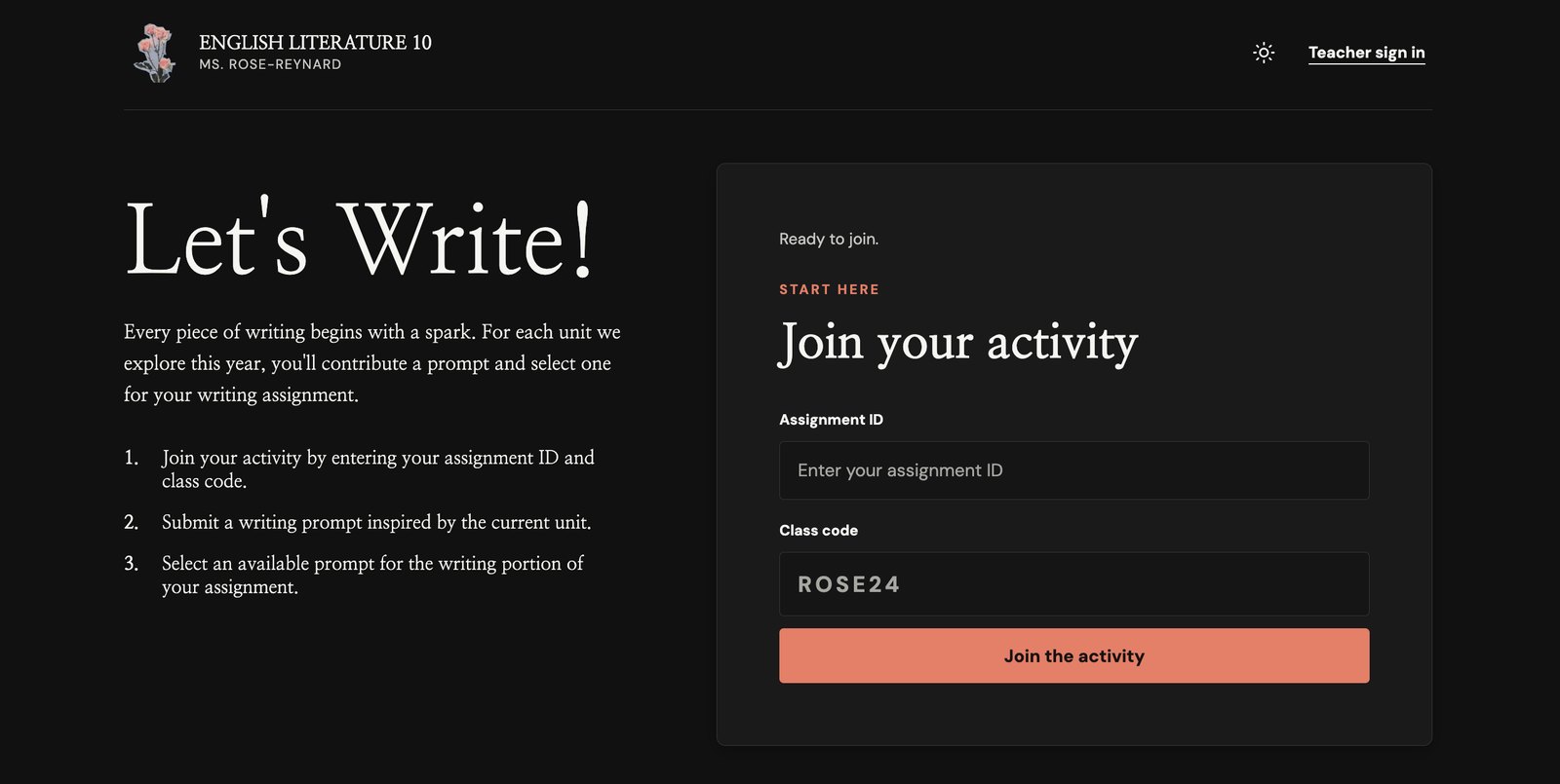 Literary Rose student sign-in page with a Let's Write! welcome and a form to join an activity by assignment ID and class code
